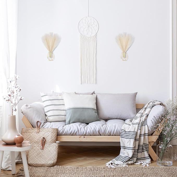 Otoolling 2 Pieces Hanging Plant Wall Decor with Artificial Pampas Grass Metal Hanging Vase Modern Geometric Farmhouse Bohemian Wall Art for Living Room Bedroom Kitchen Office(Gold, Beige)