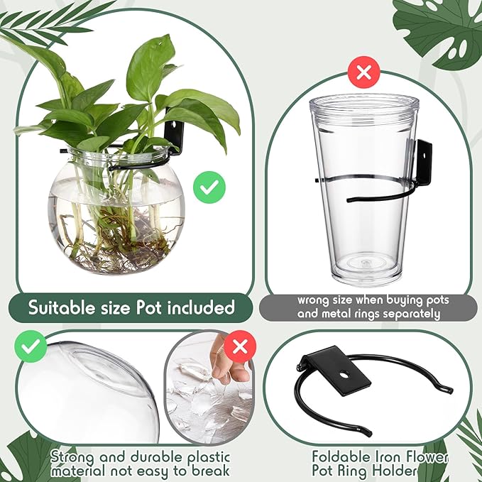 Baderke 6 Sets of Plastic Wall Planters for Indoor Plants Plant Propagation Station Hanging Planter Propagation Vases with Flower Pot Holder Ring for Artificial Wall Plants Indoor Outdoor Decor
