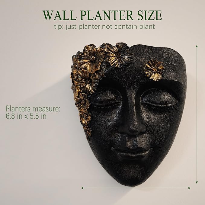 Face Shape Wall Planter Elegant Black Resin Wall-Mounted Head Pot with Drainage Hole Unique Small Vase Holder for Flower,Succulents, Hanging Plants for Plant Lovers