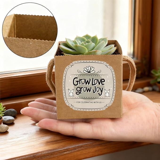 Covzoe 100 Pack 2.5 Inch Succulent Wraps, Fits 2.5" Pots, Succulent Bags Party Favors with Thank You and Grow Love Grow Joy Stickers, Succulent Gift Box for Wedding Birthday Guests