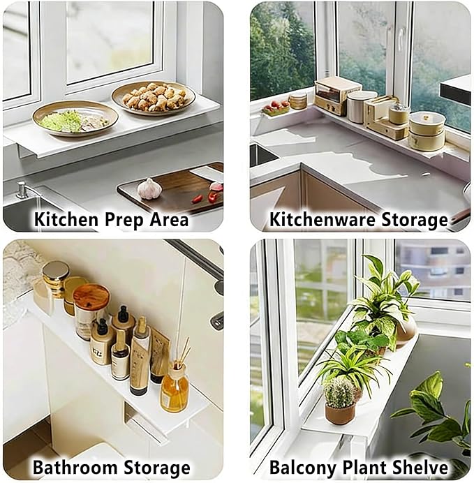 Window Sill Plant Shelf for Balcony, Waterproof Carbon Steel Windowsill Extender Plate, Kitchen Extension Table Magnetic White(10x20in/25x50cm)