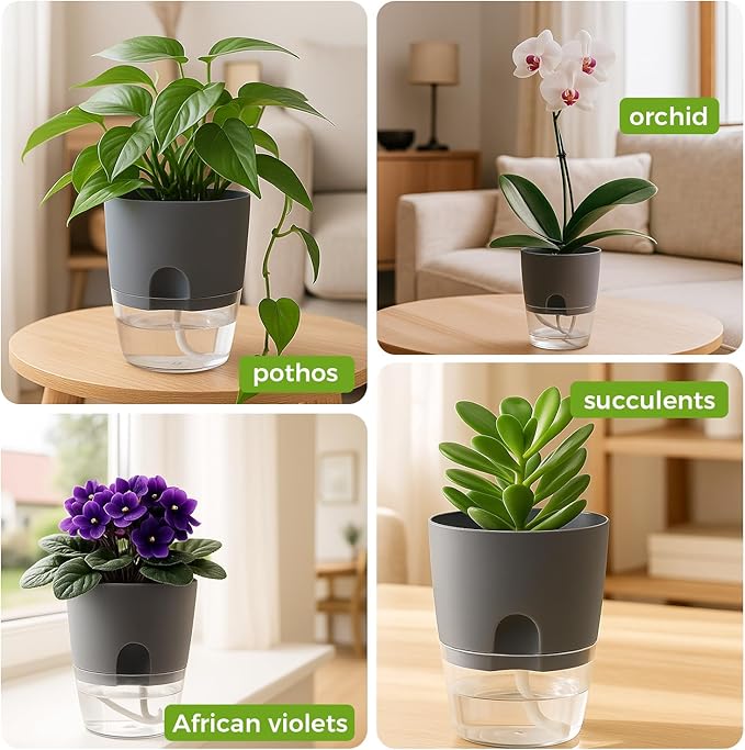 Planterhoma 6 Pack Self Watering Pots for Indoor Plants, 3.2/4/6 Inch Plant Pot Plastic Self Watering Planter for Orchid, African Violet, Small Clear Flower Pots with Drainage Holes and Wicking, Grey