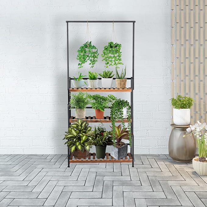 ULIKE Plant Stand Outdoor Indoor Hanging Plant Shelf for Multiple Plants 3 Tier Tall Plant Stand Wood Rack with Metal Frame for Patio Garden Balcony