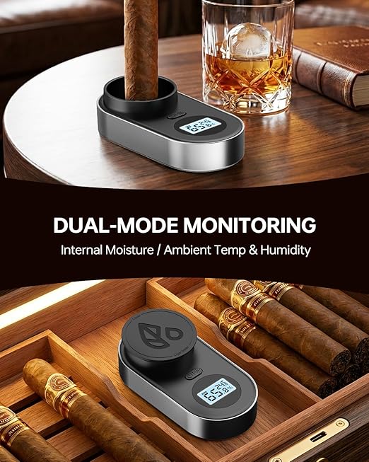 Cigar Humidity Meter, 3-Probe Core & Ambient Dual Sensor Digital Cigar Hygrometer, Rechargeable Moisture Tester for Humidor with Color Alert & Built-in Cigar Holder, Type-C Charging, Gray