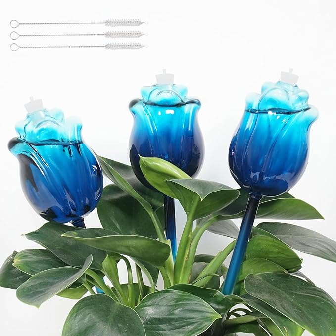 Large Plant Watering Globes Set of 3-10 oz Indoor/Outdoor Large Self Watering Globes Planter Insert, for Mother/Father/Friend/Plant Enthusiasts (Blue Rose)