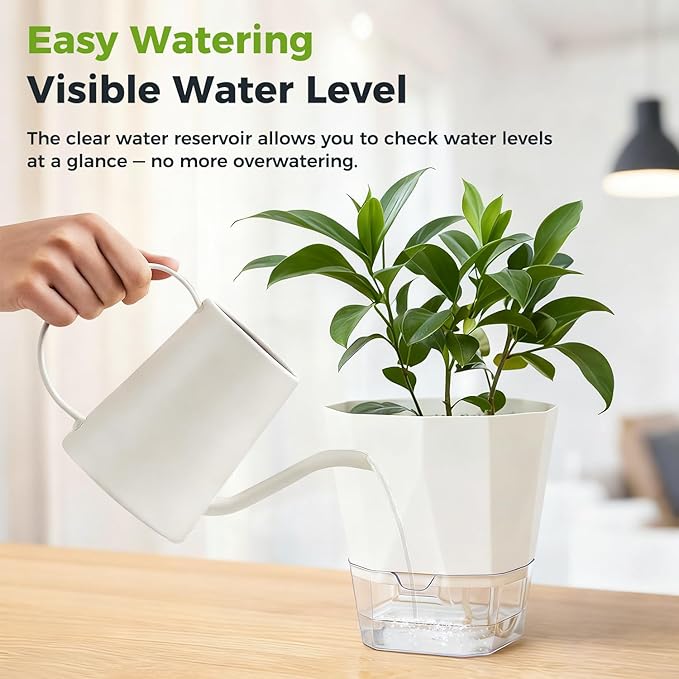 4 Pack Self Watering Pots for Indoor Plants, 10 Inches Self Watering Planters African Violet Pots Clear Pots for Herb Orchid Flower Houseplant, White