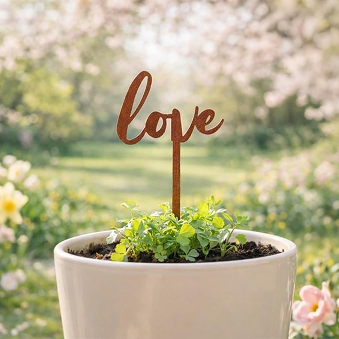 Love Text Metal Garden Stake – Powder-Coated Rustic Plant Pick for Pots & Planters, Indoor/Outdoor Decorative Accent