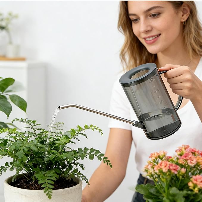 Long Spout Watering Cans | Small Can for Indoor Plants | 1L Clear with Handle Scale Detachable Lid | Plant Watering Devices for Flowers Succulents | Gardening Supplies