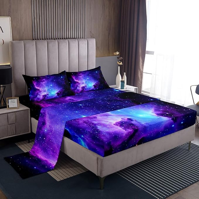 Feelyou Galaxy Bedding Set Kids Girls Twin Bed Sheets Outer Space Universe Starry Sky Sheet Set Teens Women Ultra Soft Purple Stars Decor Deep Pocket Fitted Sheet+ Flat Sheet + Pillow Case