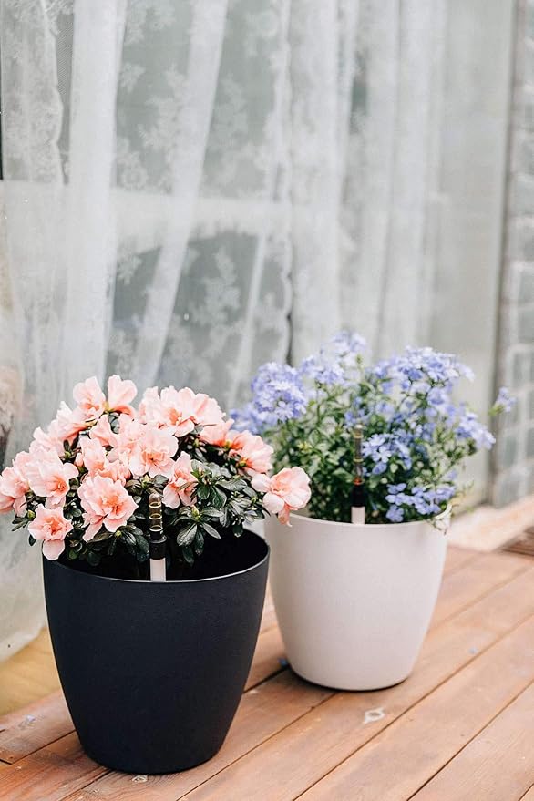 T4U 8.5 Inch Plastic Self Watering Planter with Water Level Indicator Black Set of 4, Modern Decorative Planter Pot for All House Plants, Flowers, Herbs, African Violets, Succulents