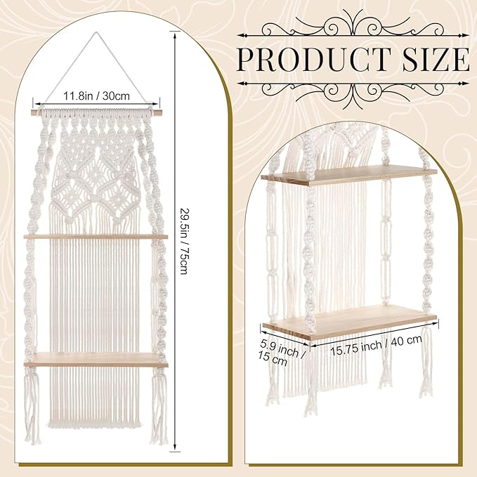 Barydat 2 Pack Macrame Wall Hanging Shelf 2 Tier Handmade Boho Hanging Wall Shelf Floating Woven Rope Decorative Storage Racks Holder Organizer for Home Bedroom Bathroom Plants, Beige (Elegant)