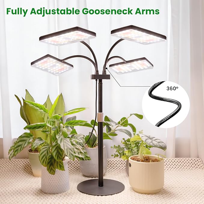 LBW Desk Grow Light for Indoor Plants, Full Spectrum Desk Plant Lamp with 4 Adjustable Goosenecks, Wide Coverage, Plug & Play, for Seedlings, Succulents & Houseplants