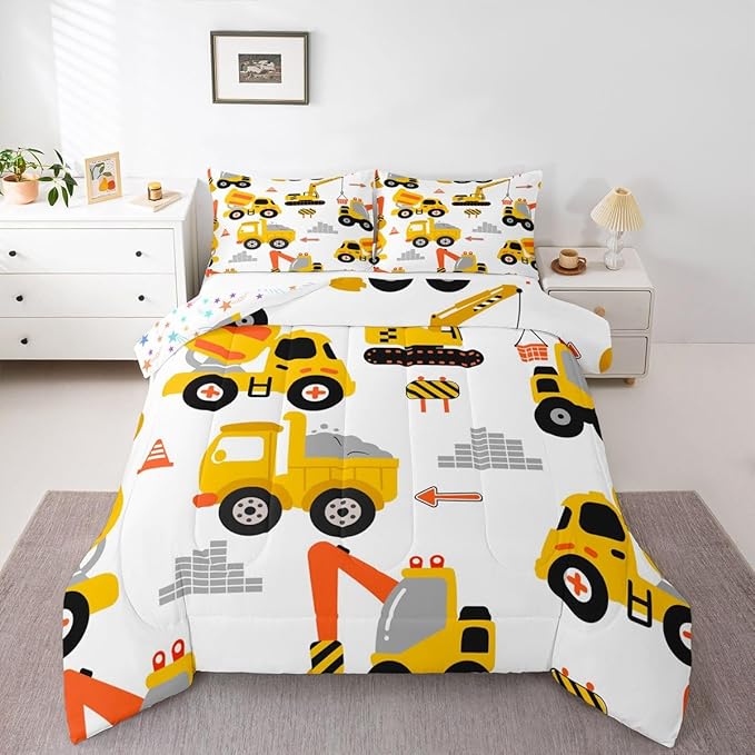 Feelyou Cartoon Car Comforter Set Kids Construction Comforter for Boys Equipment Trucks Bedding Set Breathable Cartoon Yellow Car Excavator Tractor Duvet Set Room Decor Quilt Set Full Size
