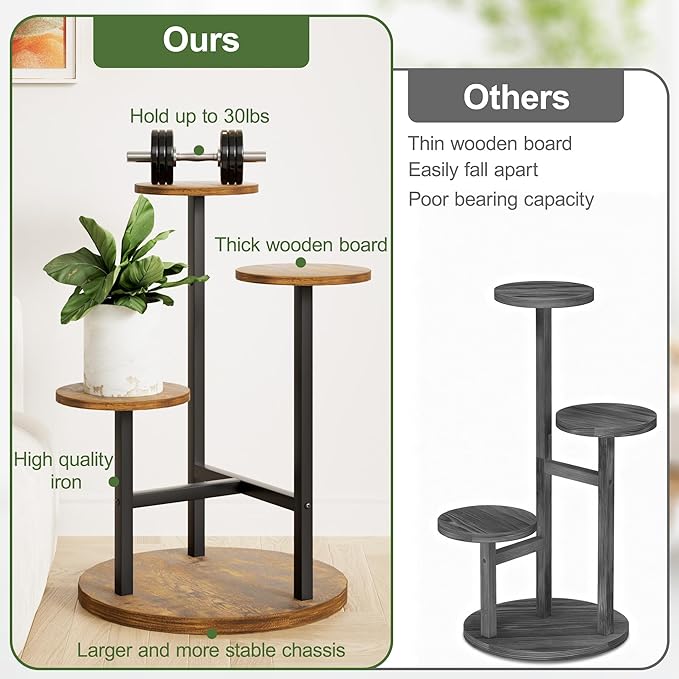 3 Tiered Tall Plant Stand, Wood Plant Shelf Corner Flower Pot Stands, Heavy Duty Plant Shelf for Living Room Balcony Garden Patio