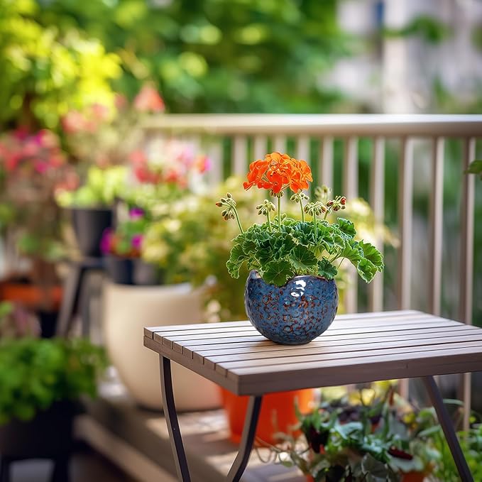 Ceramic Pots for Plants - 4 Inch Plant Pots for Indoor Outdoor, Small Planter with Drainage Hole, Unique Flower Pot, Decorative Modern Round Planter, Office Decor, Home Gifts, Retro Blue