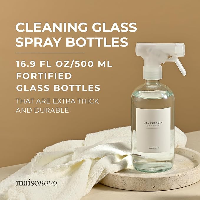 MAISONOVO Glass Spray Bottles for Cleaning - 16.9 fl oz Clear x 2 with 16 Labels