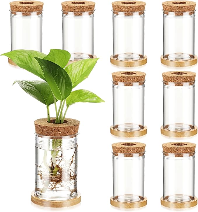 Baderke 9 Packs Propagation Vases for Plants Plastic Plant Propagation Station with Hole Lid and Bamboo Stand Growing in Water Hydroponic Home Office Table Decoration(Classic Style)