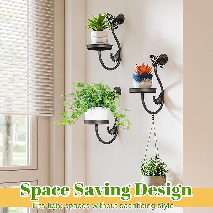 Wall Plant Holder Indoor, Metal Hanging Planters Hanger Floating Flower Display Stand for Window, Plant Shelves Hanging Plant Holder Window Plant Hanger Plant Decor Black (Butterfly-3Pc)