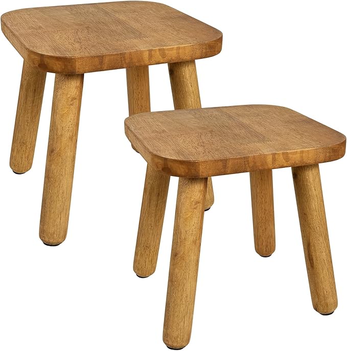 YEXEXINM 2 Pack Small Wooden Step Stools 9 Inch, Non-Slip One Step Stool Holds 300 lbs, Sturdy Bathroom Stool Plant Stand Square Footstool for Bedroom, Bathroom, Nursery, Easy Assembly