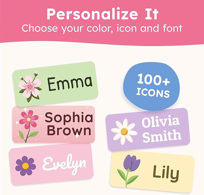 Personalized Name Labels for Kids (70 Labels) - Durable & Waterproof Custom Name Stickers for Clothing Tags, School Supplies, Camp & Daycare - Flowers (1.2”x0.5”)