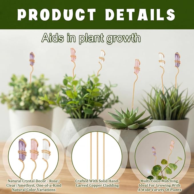 Threehoney 6 Pcs Crystal Plant Trellis for Potted Plants, 9.84'' Metal Plant Stakes with Natural Crystal Suncatcher, Indoor Outdoor Climbing Vegetation Support Stake for Home Garden Decor Mothers Gift