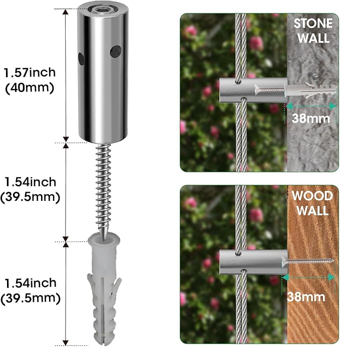 Wire Trellis Kit for Climbing Plants Outdoor - 20-Set Wall Mounted Trellis with 98Ft x 1/8" T316 Stainless Steel Rope, Heavy Duty Garden Wire Trellis System for Espalier & Vertical Gardening