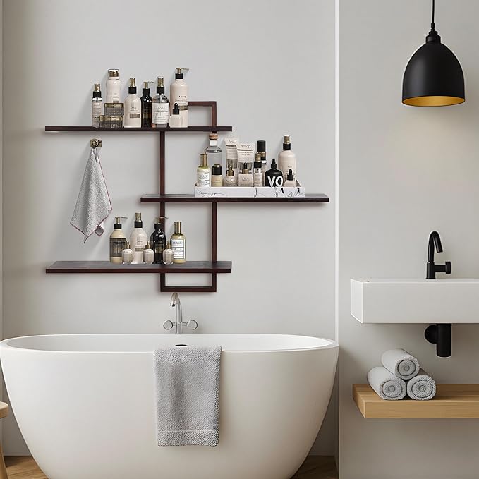PHOENANCEE 3 Tier Wall Shelves,Decorative Floating Shelf for Wall,Plants Photo Shelf Storage Display Shelving Wood for Living Room Bedroom Kitchen Home Office Decor,Modern,Large,22 Inch(Walnut