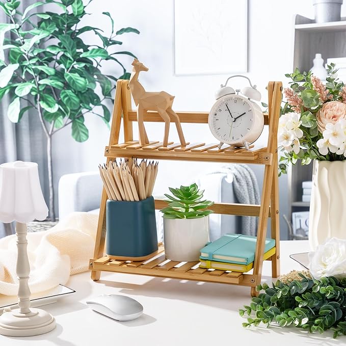 Yalikop Matcha Station Shelf, 11.8'' Coffee Station Organizer, 2 Tiers Bamboo Mug Holder Countertop, Desktop Flower Pot Rack for Home Living Room Window Sill Foldable Display Storage Shelf(Wood)