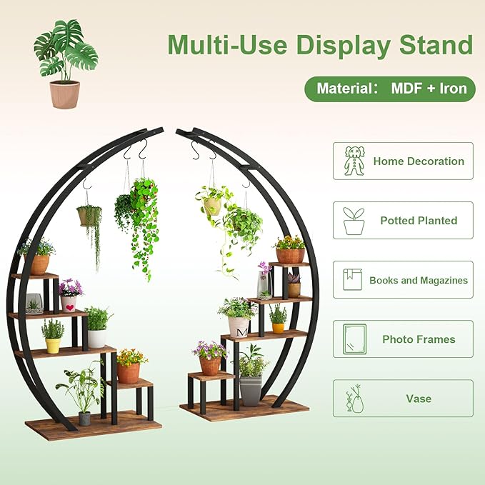 Patikuin 5-Tier Half Moon Metal Plant Stand Set of 2 – Tall Indoor & Outdoor Ladder Flower Shelf Rack with Hanging Hooks, Modern Multi-Tier Display for Living Room, Balcony & Garden