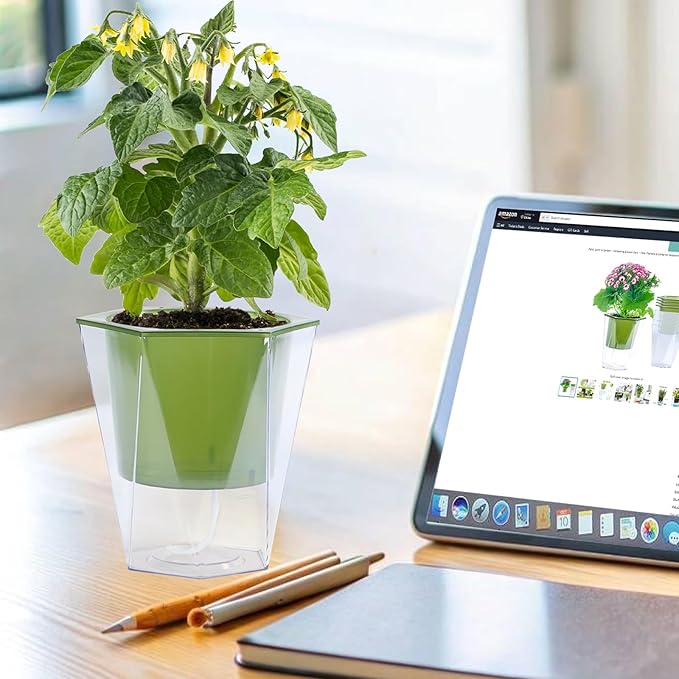 Oliz Self Watering Planter 5 Pcs, 4.5 Inch Flower Plant Pot with Transparent Inner Pot, Gardening Flowerpot with Watering Can, Indoor Self Watering Planter Pot for Herbs, Flowers (Green)