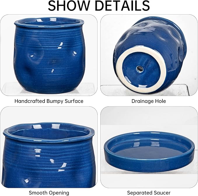Oairse 5.7 inch Ceramic Pots for Plants, Plant Pot with Drainage Hole and Saucer Blue Ceramic Indoor Planter with Tray Decorative Flower Pots for Succulent, Cactus, Snake Plant, Herb Indoor Outdoor