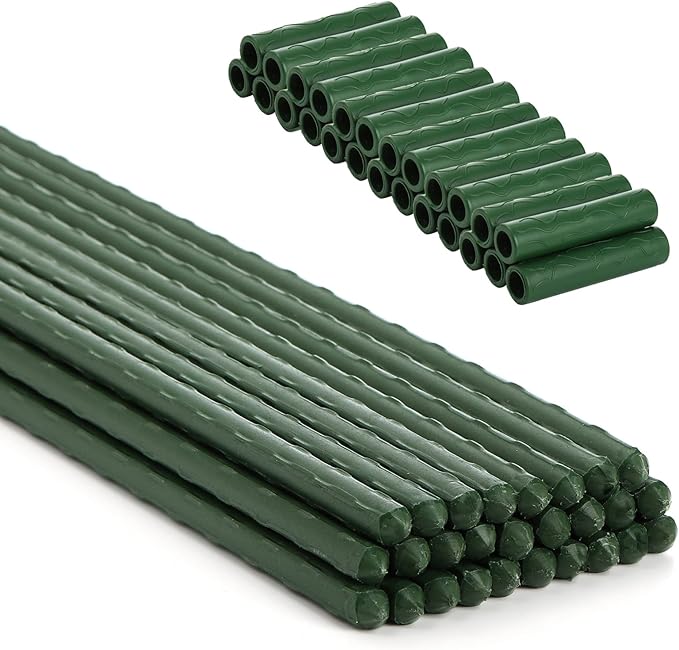 Frcctre 50 Pack 16 Inches Garden Stakes with 25 Connectors, Connectable Plant Support Stakes Plastic Coated Metal Tomato Sticks Plant Climbing Support for Tomatoes, Cucumber, Beans, Potted Plants