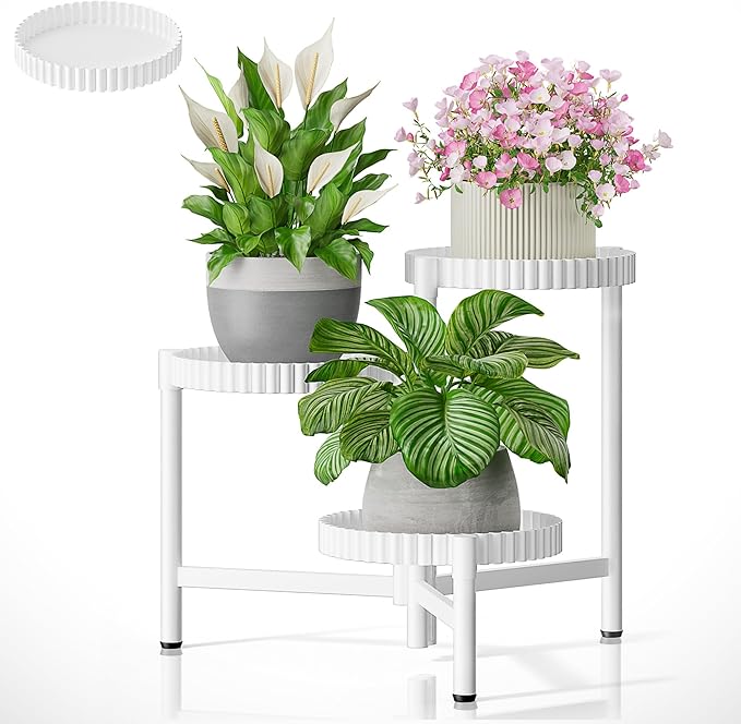 3 Tiered Tall Plant Stand Indoor Outdoor, Metral Flodable Plant Stand for Corner Display Rack Shelf, Multi-Tier Folding Planter Pot Holder Flower Stand for Living Room Balcony Garden Patio - WhiteFloroma