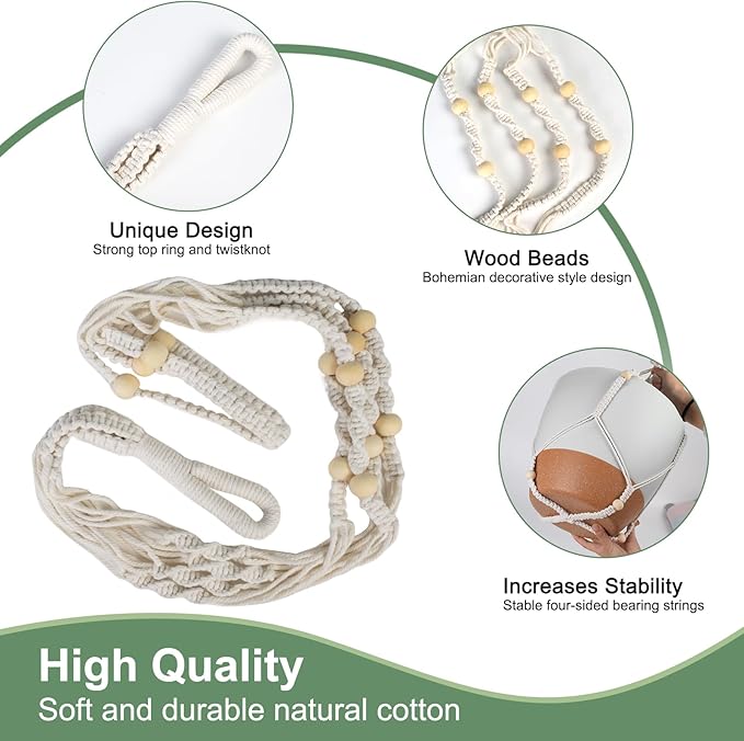 Vanslogreen 41.5 Inch Macrame Plant Hanger Indoor Outdoor with 12 Inch Flower Pot, Hanging Planter for Plants Holder with Wood Beads for Boho Home Decor (Ivory+White)