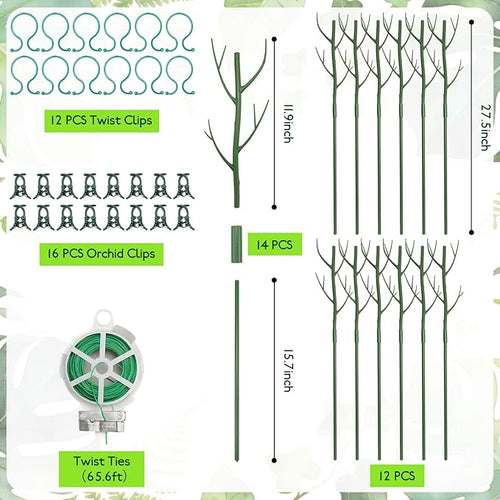 12 Pack Monstera Plant Support Stakes, 27.5 Inch Natural Looking Detachable Plant Stakes for Climbing Plants, Includes 16 Orchid Clips & 12 Twist Ties & 65ft Garden Tie Outdoor Indoor