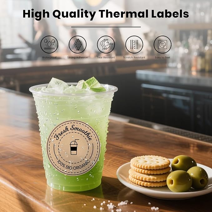 Khaki Round Thermal Labels 3 Inch Vinyl Circle Waterproof Direct Printer Sticker Self-Adhesive Perforated Name Tag for Logo DIY QR Design Office Address 500 PCS