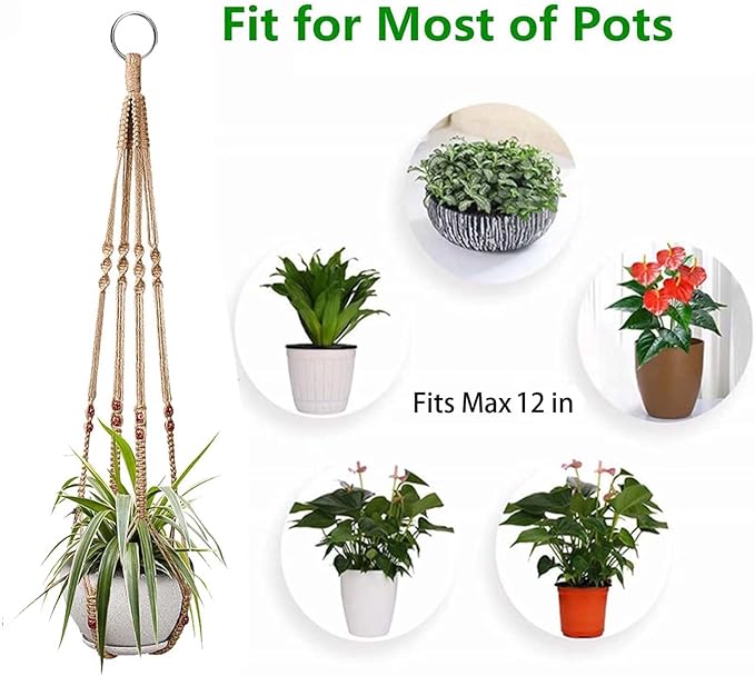 Macrame Plant Hanger 3 Pack Ceiling Plant Hanger 35'' Brown Hanging Planter Holder Boho Handmade Plant Jute Rope with 6 Hooks and Beads for Indoor Outdoor Home Balcony Decor, Fit Max 12'' Flower Pot