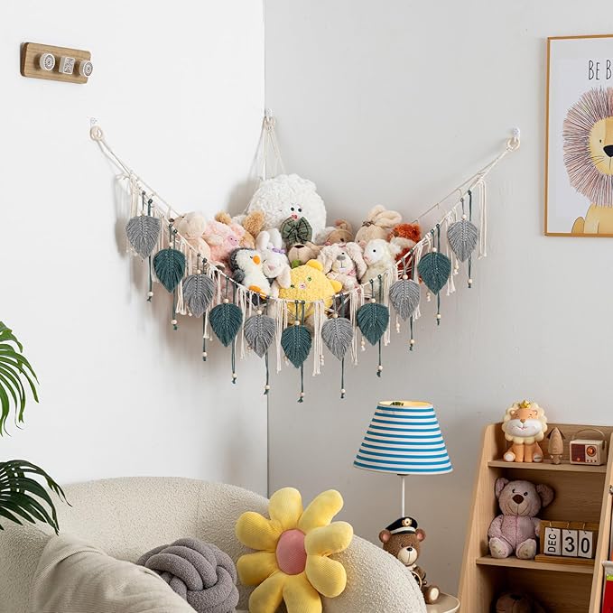 Pretty Jolly Macrame Stuffed Animal Hammock with Beads Hand Woven Leaf Tassels Corner Hanging Net Boho Plush Holder for Kid Room Nursery Decor Organizer for Girls Gift(Lightgray & Blue)