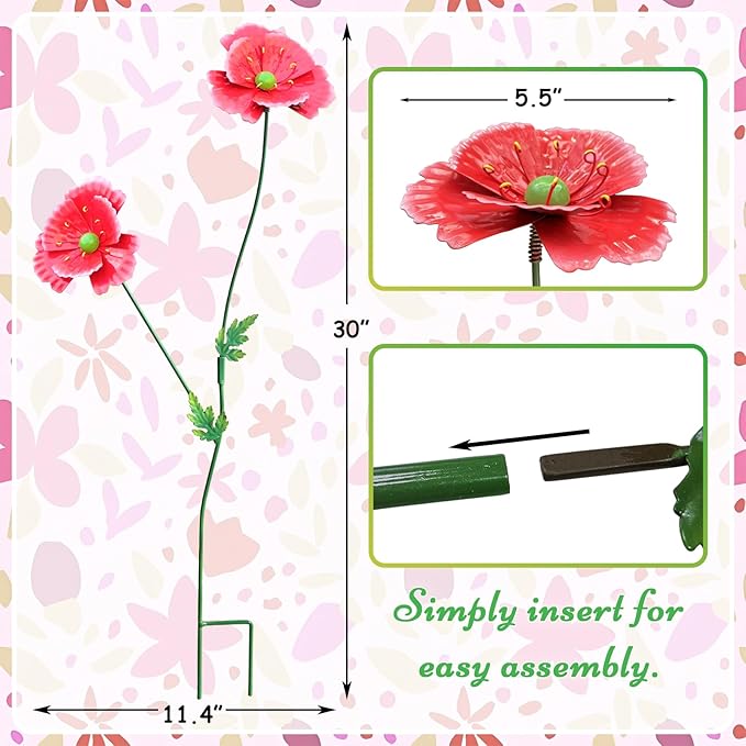 Metal Flowers for Outside, 30" Tall 2-Pack Decorative Garden Stakes - 3D Double-Layer Iron Flowers, Metal Flowers Outdoor Decor for Garden Yard & Patio