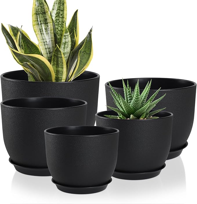 YNNICO Plant Pots 10/9/8/7.5/7 inch Set of 5,Flower Pots with Multi Mesh Drainage Holes, Large Planters for Indoor Outdoor Garden Plants and Flowers. (Black)