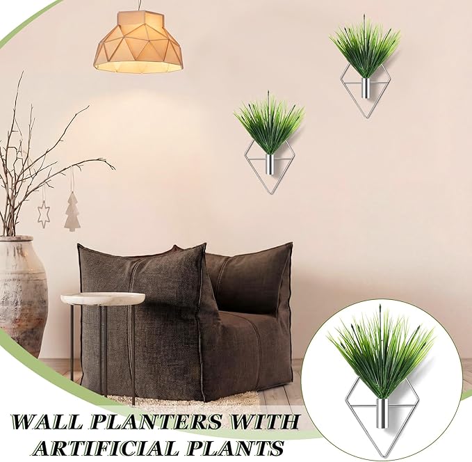 Canlierr 8 Pieces Silver Wall Decor Hanging Planters with Artificial Plants Metal Vase Indoor Aquatic Plant Holder Modern Geometric Wall Art for Home Bathroom Bedroom Living Room Office