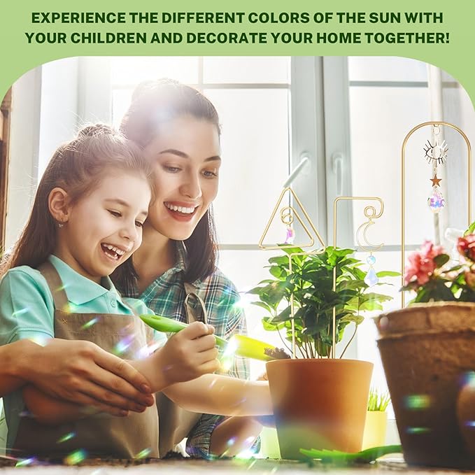 WellSign Small Trellis for Potted Plants Indoor with Colorful Crystal Sun Catcher, 14.17 Inch Metal Plant Lattice for Mini Potted Plant Decoration for Home Window Garden 4 Pack