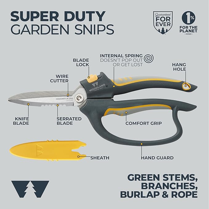Woodland Tools Utility Snips – Super Duty Garden Snips with Serrated Trimming Scissors, Knife Edge, Wire and Twine Cutter, Stainless Steel Construction, Sheath Included – Plant Scissors for Yard Work