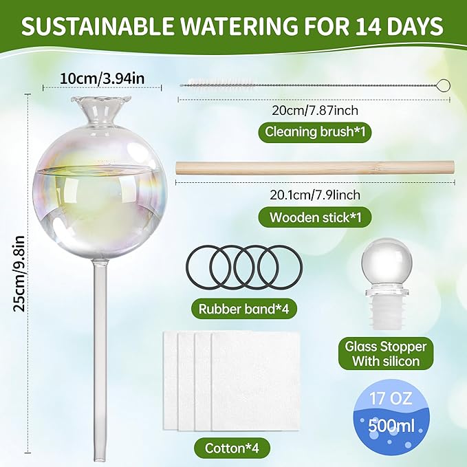 17 oz 2 Weeks Extra Large Plant Watering Globes, Iridescent Glass Self Watering Globes, Self Watering Planter Insert, Plant Watering Devices, Automatic Watering Bulbs for Daily Use (Large 4-Pack)