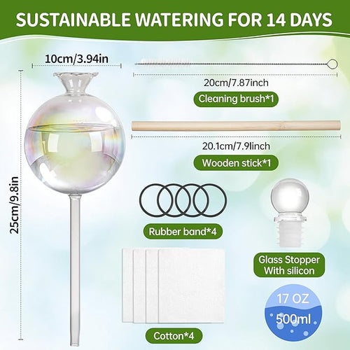 17 oz 2 Weeks Extra Large Plant Watering Globes, Iridescent Glass Self Watering Globes, Self Watering Planter Insert, Plant Watering Devices, Automatic Watering Bulbs for Daily Use (Large 4-Pack)