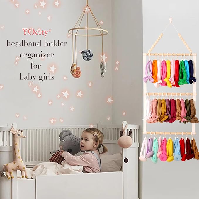 YOcity Headband Holder Organizer for Girls Baby Headbands Hair Accessories Organizer Hair Bows Storage Hanging Decor for Nursery Toddler Girls Room (Beige)