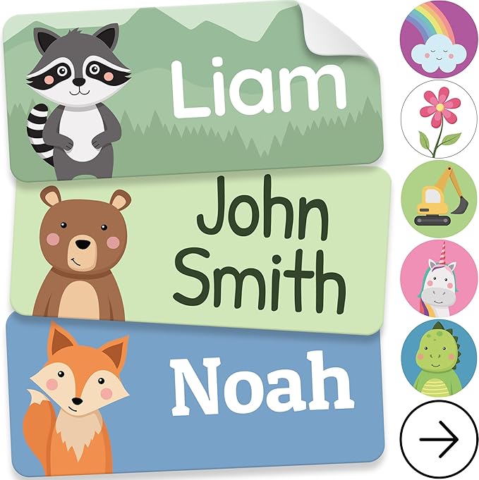 Personalized Name Labels for Kids (70 Labels) - Durable & Waterproof Custom Name Stickers for Clothing Tags, School Supplies, Camp & Daycare - Animal Forest (1.2”x0.5”)