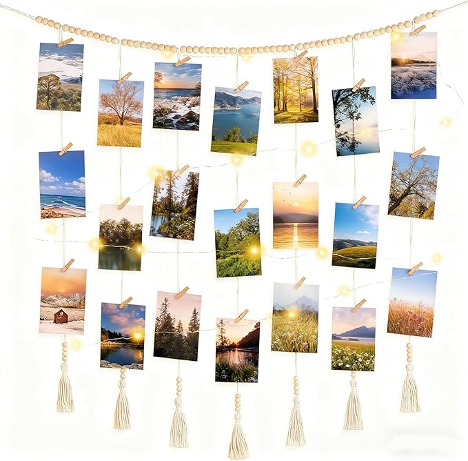 Macrame Hanging Photo Display Wall Decor，Picture Holder with 30 Clips for Bedroom Wall，Picture Christmas Card Holder with String Lights， Room Decor for Teen Girls， Christmas Card Display ,Presents for Teens