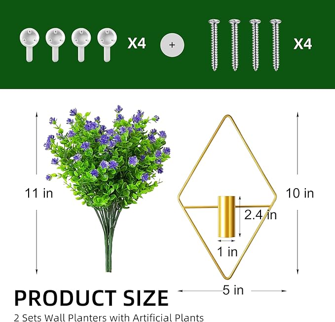 2 Pack Wall Decor Hanging Planters with Artificial Plants Metal Hanging Vase Indoor Plants Holder Modern Boho Wall Art for Bathroom Bedroom Living Room Office (Gold Eucalyptus)
