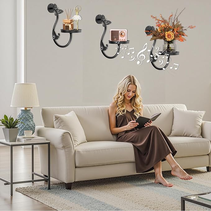 Wall Plant Holder Indoor, Metal Hanging Planters Hanger Floating Flower Display Stand for Window, Plant Shelves Hanging Plant Holder Window Plant Hanger Plant Decor Black (Butterfly-3Pc)